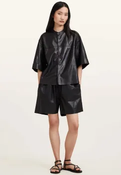 AllSaints pantaloni scurti de piele ARLA culoarea negru, uni, high waist, W059TC imagine