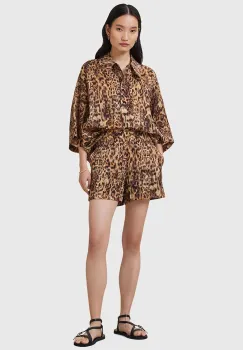 AllSaints pantaloni scurti din amestec de matase CHARLI culoarea portocaliu, cu imprimeu, high waist, W037TC imagine