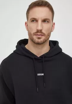 Boss Orange hanorac de bumbac barbati, culoarea negru, cu gluga, cu imprimeu imagine