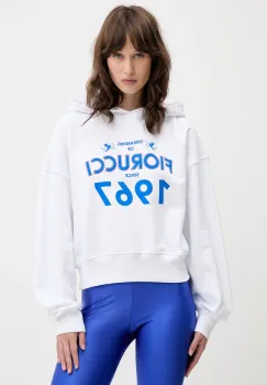 Fiorucci hanorac de bumbac Dreaming 1967 Print Boxy Fit Cropped Hoodie culoarea alb, cu gluga, cu imprimeu, W01SMSHO269CJ05WH01 imagine