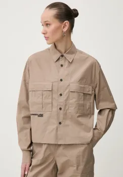 Karl Lagerfeld Jeans camasa femei, culoarea bej, cu guler clasic, relaxed, A1W11032 imagine