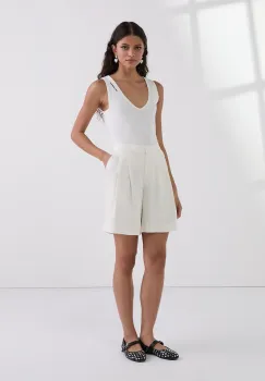 Karl Lagerfeld pantaloni scurti culoarea bej, uni, high waist, A3W10097 imagine