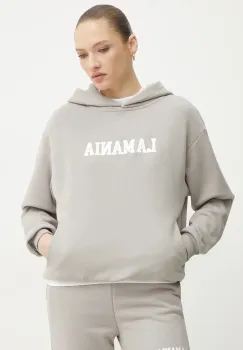 La Mania bluza femei, culoarea bej, cu gluga, cu imprimeu, YOUNG imagine