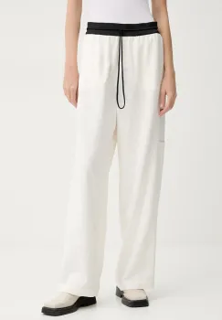 MMC STUDIO pantaloni femei, culoarea bej, drept, high waist, LINEN imagine