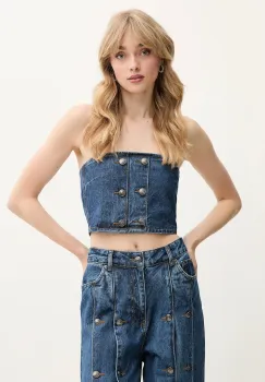 Rotate top din denim culoarea bleumarin, uni, 1144481602 imagine