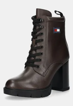Tommy Jeans cizme de piele TJW HEEL LACE UP BOOT culoarea maro, cu toc drept, EN0EN02832 imagine
