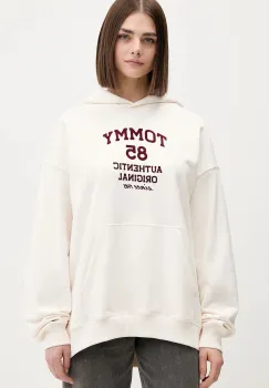 Tommy Jeans hanorac de bumbac culoarea bej, cu gluga, cu imprimeu, DW0DW22603 imagine