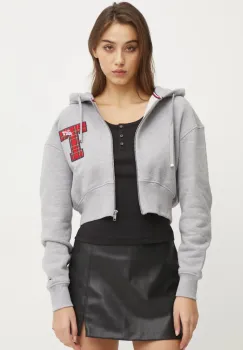 Tommy Jeans hanorac de bumbac femei, culoarea gri, cu gluga, melanj, DW0DW20535 imagine
