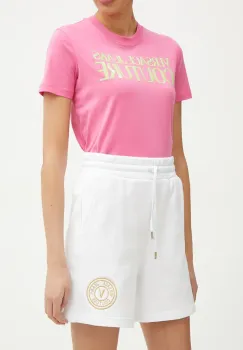 Versace Jeans Couture pantaloni scurti din bumbac femei, culoarea alb, cu imprimeu, high waist, 78HADT00 CF01T imagine