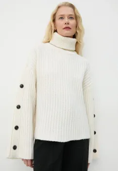 Won Hundred pulover de lana femei, culoarea bej, calduros, cu guler, 3425-11098 imagine