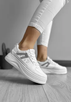 Adidasi dama casual cu talpa inalta albi cu gri CL2331 imagine
