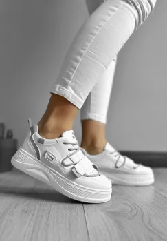 Adidasi dama casual cu talpa inalta albi cu gri CL2333 imagine