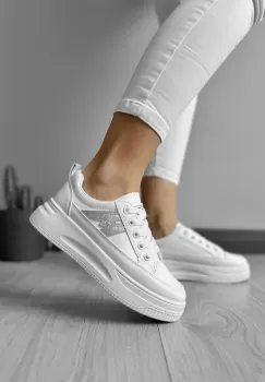 Adidasi dama casual cu talpa inalta albi cu gri CL2402 imagine