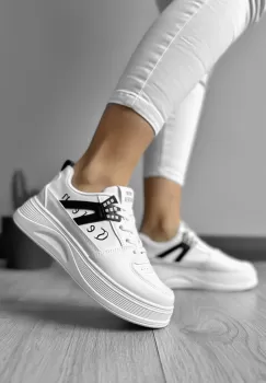 Adidasi dama casual cu talpa inalta albi cu negru CL2331 imagine