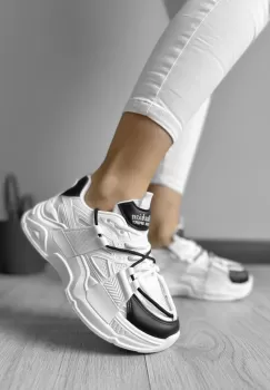 Adidasi dama casual cu talpa inalta albi cu negru CL2401 imagine