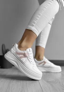 Adidasi dama casual cu talpa inalta albi cu roz CL2331 imagine