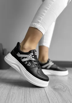 Adidasi dama casual cu talpa inalta negri cu alb CL2331 imagine