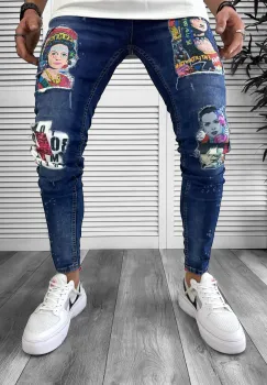 Blugi barbati conici albasatri cu stikere 1446 imagine