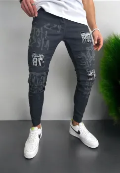 Blugi barbati conici  imprimeu si stikere  1253  G4-5 imagine