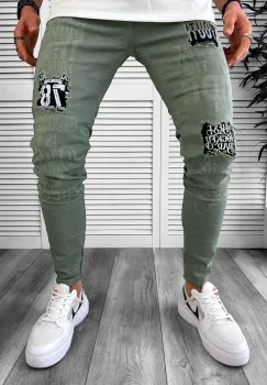 Blugi barbati conici verzi cu stickere 1258 imagine