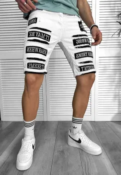 Blugi barbati scurti conici albi  cu stikere  4064 imagine