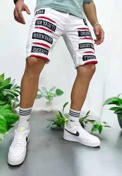 Blugi barbati scurti conici albi  cu stikere  4603 imagine