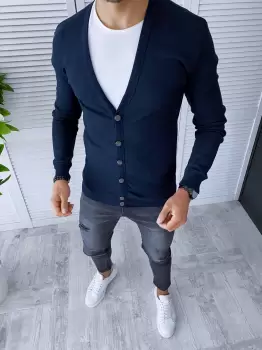 Bluza barbati slim fit bleumarin B7556 10-3 imagine