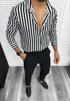 Camasa barbati slim fit alba cu dungi negre 13211 imagine