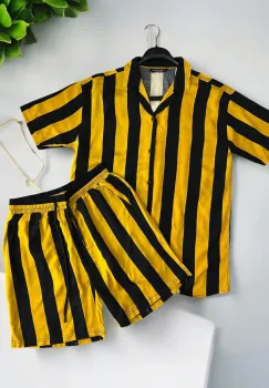 Compleu de vara camasa cu imprimeu + pantaloni galben 13276 imagine