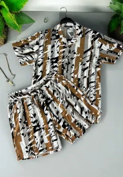 Compleu de vara camasa cu imprimeu + pantaloni maro 13275 imagine