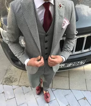 Costum barbati gri slim fit B7688 imagine