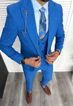 Costum barbati slim fit  bej  3 albastru  11843 imagine