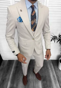 Costum barbati slim fit  bej  3 piese   13346 imagine