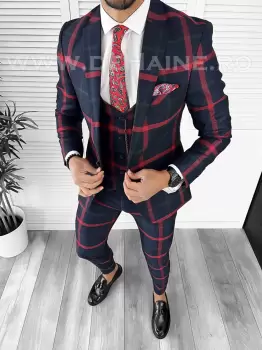 Costum barbati slim fit bleumarin in carouri B7921 46-5 E/ 34-3.1 imagine