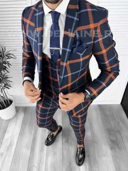 Costum barbati slim fit bleumarin in carouri B7956 47-5 E/24-3.1 imagine