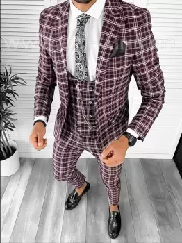 Costum barbati slim fit grena in carouri B7916 45-3 E 33-3.3 imagine