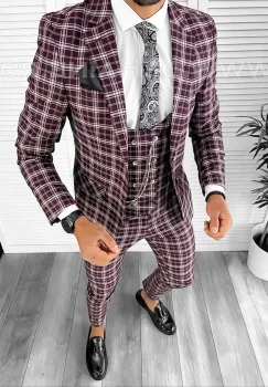 Costum barbati slim fit grena in carouri (SACOU + PANTALONI) 7916  O3-4.3 imagine