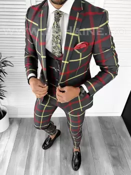 Costum barbati slim fit in carouri B7917 47-3 E imagine