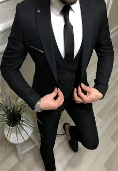 Costum barbati slim fit negru  3 piese   b090 imagine