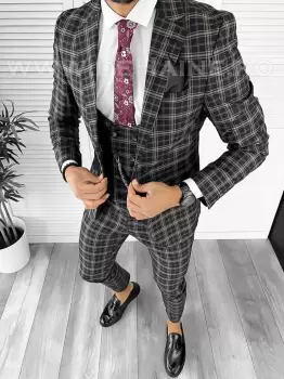 Costum barbati slim fit negru in carouri B7916 47-4 E imagine