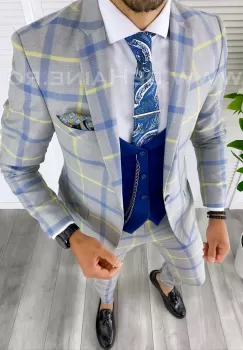 Costum barbati slim fit + Vesta albastra B5382 imagine