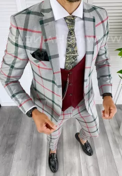 Costum barbati slim fit + Vesta grena B5365 imagine