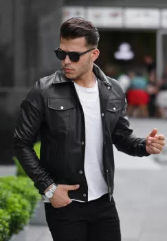 Geaca barbati neagra piele ecologica 12204 imagine