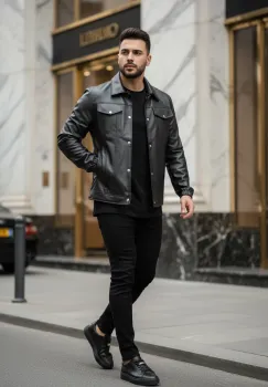 Geaca barbati neagra piele ecologica 12204  T13-1 imagine