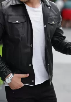 Geaca barbati neagra piele ecologica 12407 imagine