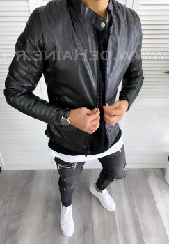 Geaca barbati neagra piele ecologica B7192 imagine