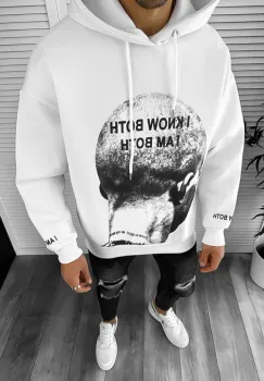 Hanorac barbati alb cu imprimeu slim fit k198 imagine