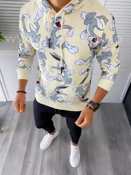 Hanorac barbati slim fit bej cu imprimeu K247 80-2 imagine