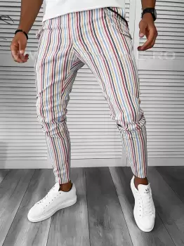 Pantaloni barbati casual regular fit albi cu dungi B7845 O1.3.1 E 150-3 imagine