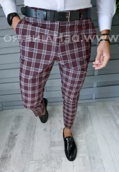 Pantaloni barbati eleganti grena in carouri B1626 i1-1 imagine